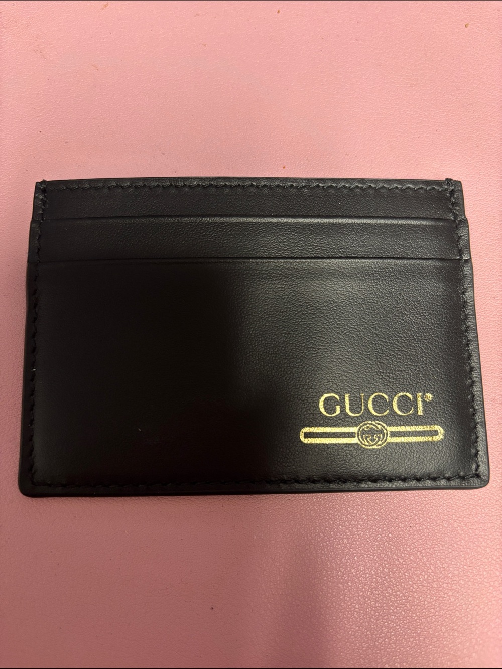 Gucci Black Leather Card Holder with Gold Logo Stamp